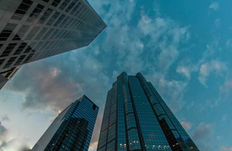 Financial district buildings representing recession and credit conditions