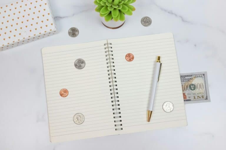Accounting notebook and coins for unit economics